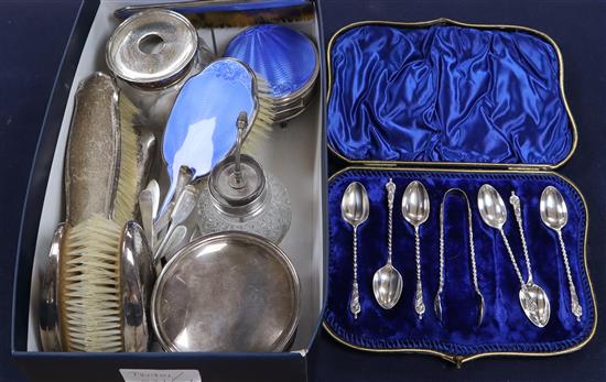 A quantity of silver-mounted dressing table items including enamelled.